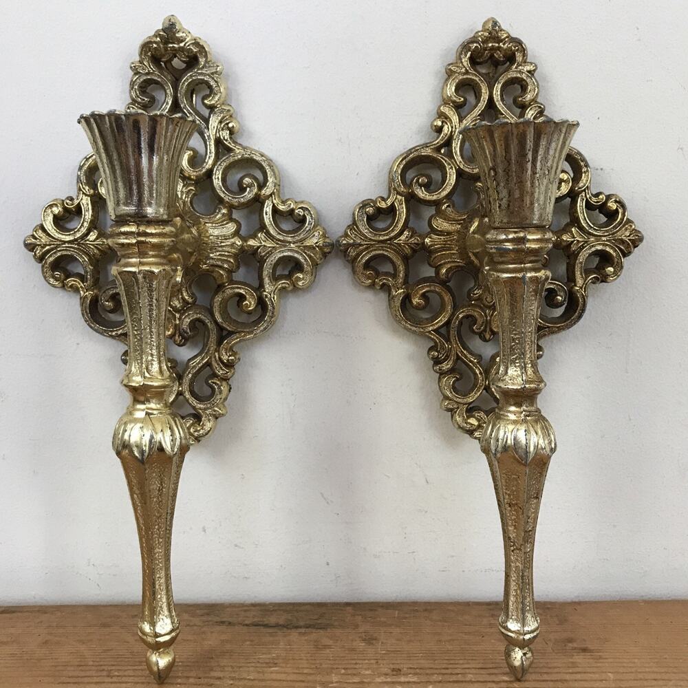 Set Pair 2 Vtg Goldtone Bronze Hollywood Regency Ornate Sconces Candle Holders